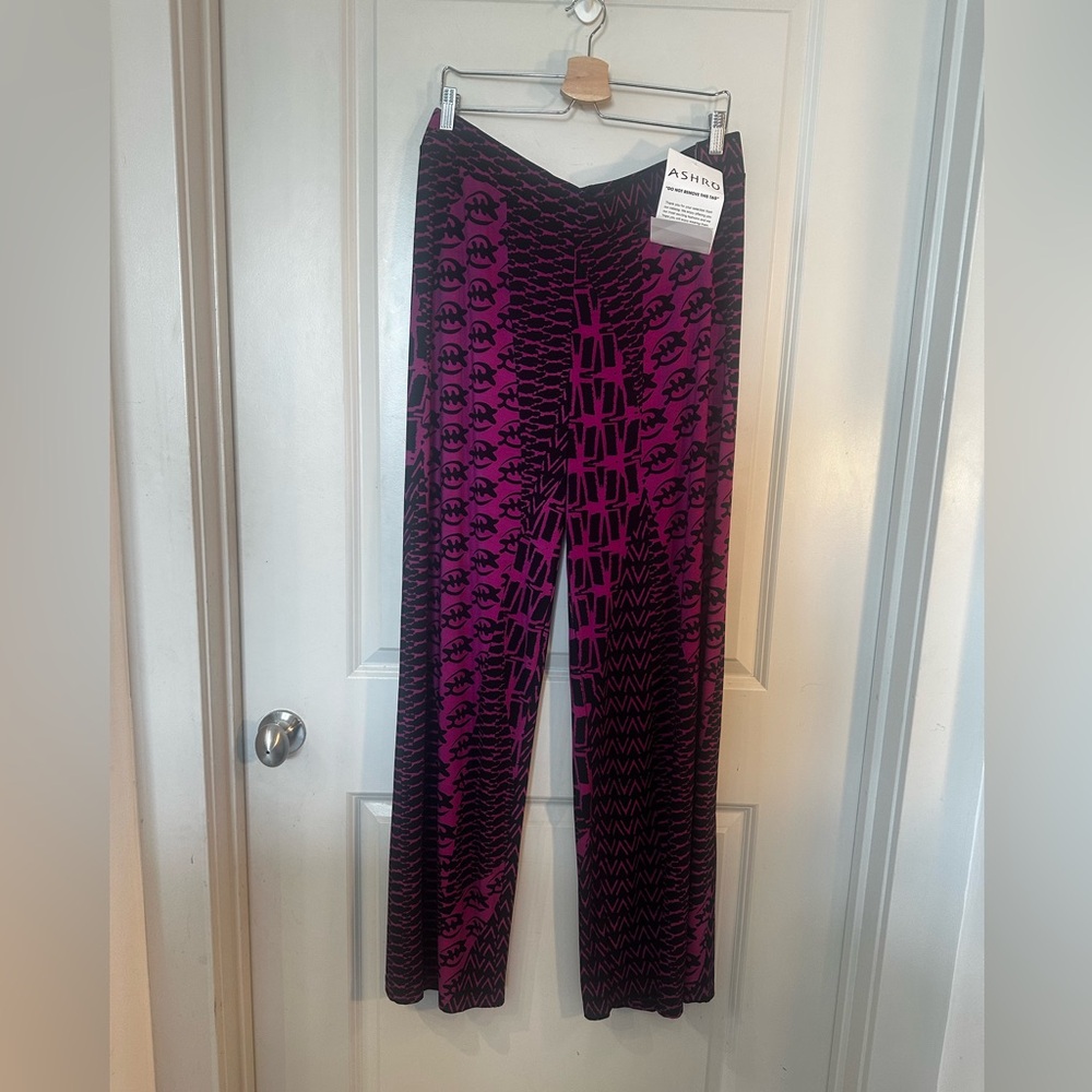 NEW ASHRO Jersey Knit Magenta&Black Abstract Stretch Pull On Wide Leg Pants,XXXL